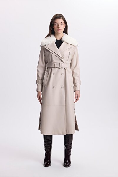 Zühre Fur Collar Zipper Detail Leather Trench Coat Stone 13527