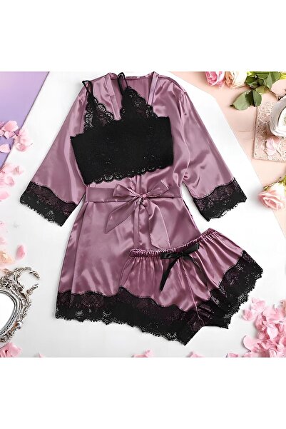 Inovius Γυναικείο σετ πιτζάμας 3 τεμαχίων από σατέν, μωβ χρώμα - MEI10 Μέγεθος M