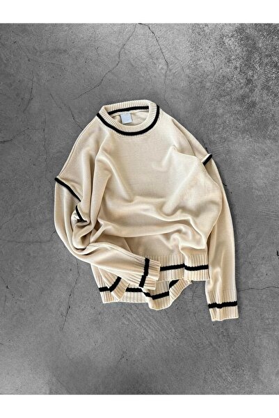 ablukaonline Men's Oversized Round Neck Contrast Detailed Sweater Beige