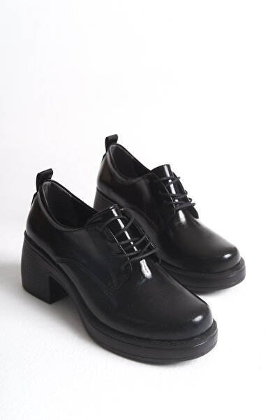 Shoesers Дамски обувки с платформа, елегантни, с връзки, от черна лачена кожа, мокасини