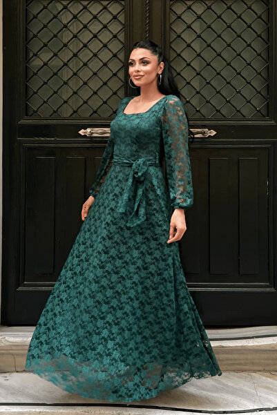 giyimmasalı Lace Fabric Square Neck Dress - Emerald Green