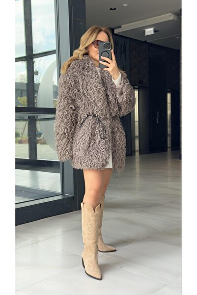 FEMİAS Beige Gray Wide Collar Long Fur Coat