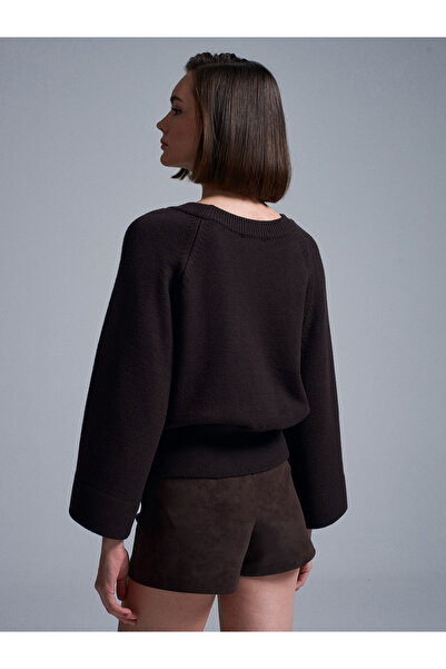 Dilvin 10818 Crew Neck Wide Sleeve Knitwear Sweater-Dark Brown