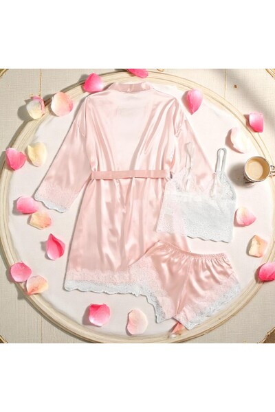 Inovius Γυναικείο σετ πιτζάμας 3 τεμαχίων από σατέν, χρώμα σομόν - ANI106 Μέγ...