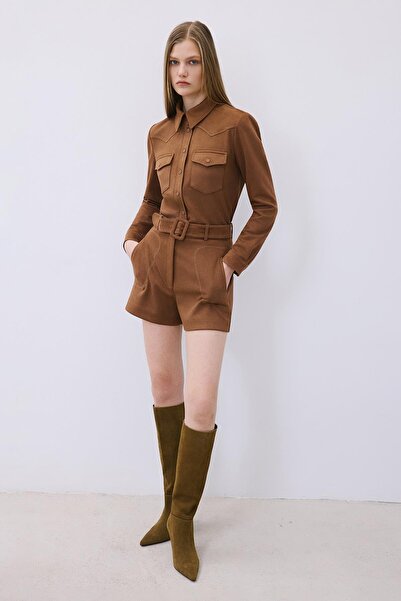 rue Belted Contrast Stitching Pack Suede Brown Shorts