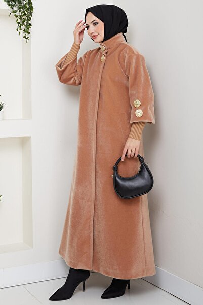 hafsamina Gold Buttoned Full Length Coat Camel Hm2864