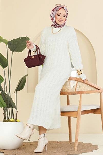 ModaMerve Burgu Desenli Triko Elbise 2752AYD574-MS Ekru