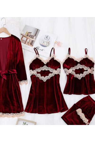 Inovius Set Pijama De Dama 4 Piese Visiniu Din Catifea- MEI20 Marimea XL