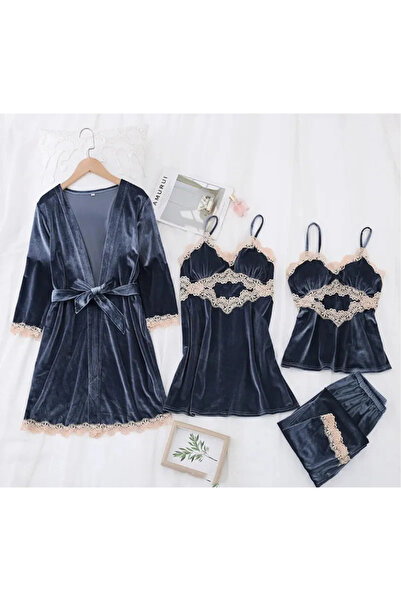Inovius Set Pijama De Dama 4 Piese Gri Petrol Din Catifea- MEI14 Marimea M