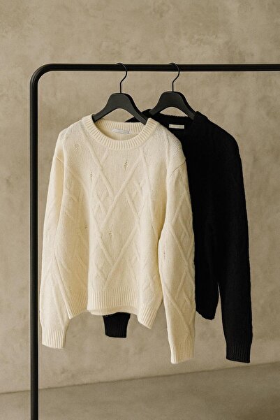 ablukaonline Men's Oversized Patterned Knitwear Sweater Ecru