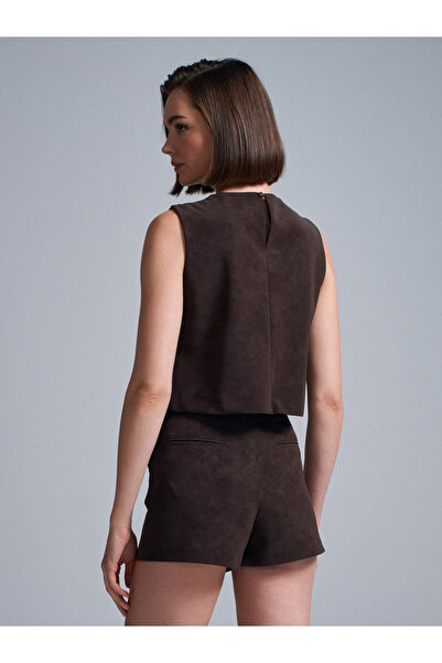 Dilvin 81067 Asymmetrical Shorts Skirt-Brown