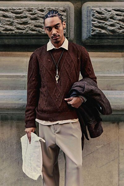 ablukaonline Men's Oversized Patterned Knitwear Sweater Brown