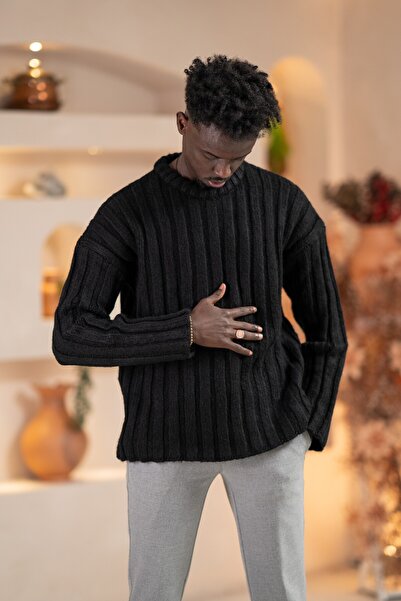 AKÇAYLAR Oversized Self-Striped Cotton Thick Knitwear Sports Sweater