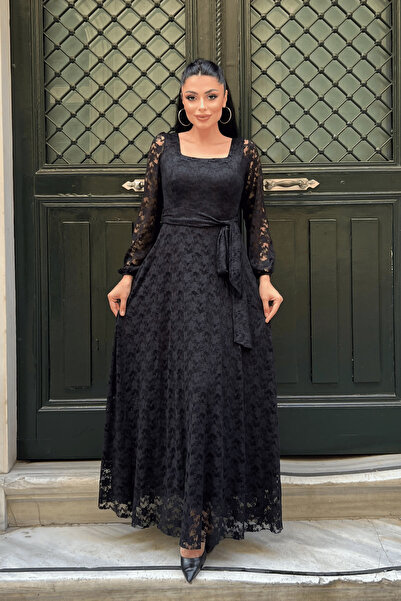 giyimmasalı Lace Fabric Square Neck Dress - Black