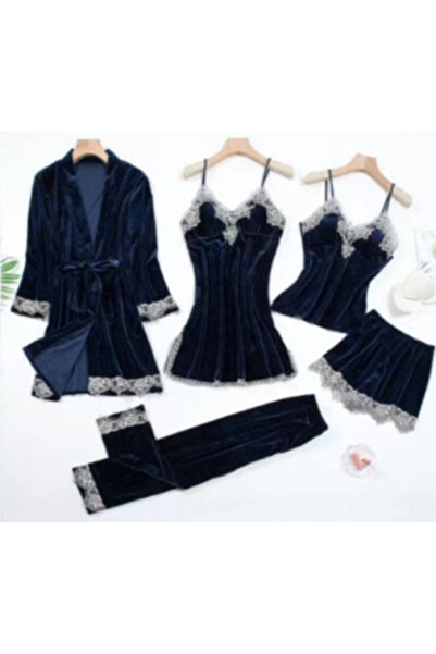 Inovius Set Pijama De Dama 5 Piese Bleumarin Din Catifea- MEI19 Marimea L