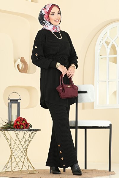 ModaMerve Beli Bağcıklı Triko Takım 2746AYD574-MS Siyah