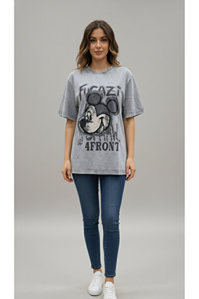 Sibel Günay Butik Tricou pentru femei Gri Vintage Mickey cu imprimeu supradim...