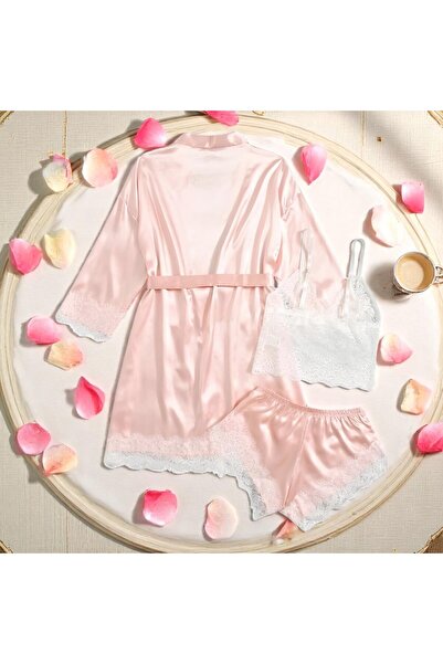 Inovius Γυναικείο σετ πιτζάμας 3 τεμαχίων από σατέν, χρώμα σομόν - ANI106 Μέγ...