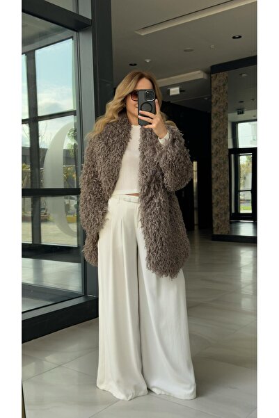 FEMİAS Beige Gray Wide Collar Long Fur Coat