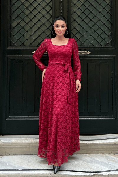 giyimmasalı Lace Fabric Square Neck Dress - Red