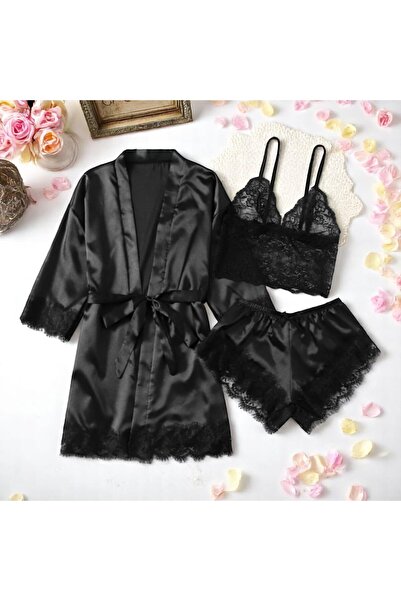 Inovius Set Pijama de Dama 3 Piese din Satin, Culoare Negru-ANI104 Marimea M