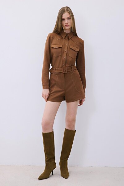 rue Belted Contrast Stitching Pack Suede Brown Shorts