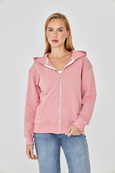 TRENDHİLL Women's Full Zip Hooded Cotton Tracksuit Top Pink 9508-P