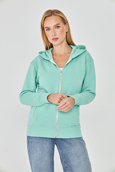 TRENDHİLL Women's Full Zip Hooded Cotton Tracksuit Top Mint 9508-m