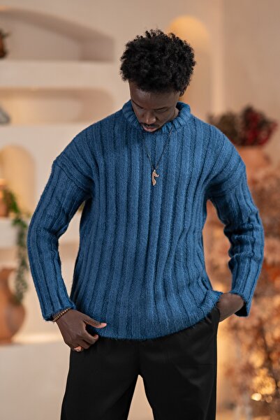 AKÇAYLAR Oversized Self-Striped Cotton Thick Knitwear Sports Sweater