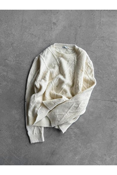 ablukaonline Men's Oversized Patterned Knitwear Sweater Ecru