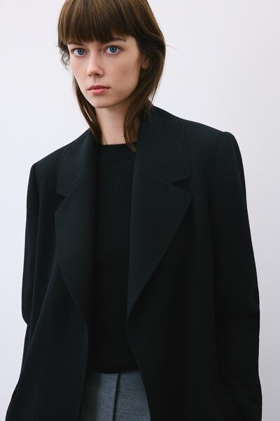 rue Cashmere Midi Black Coat with Stitching Detail