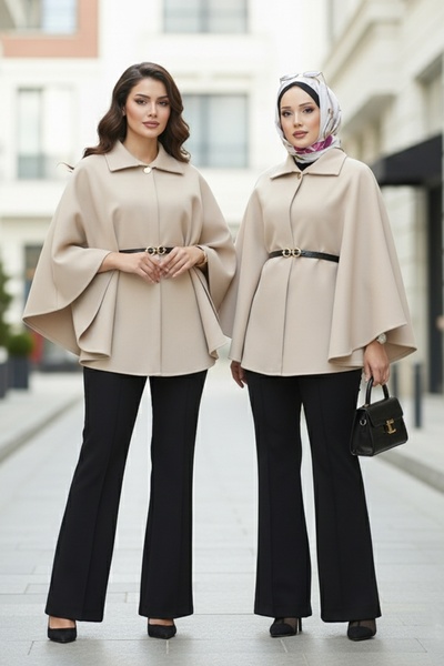 ModaMerve Kemer Detaylı Kaşe Panço 21190MPR1163-MS Taş