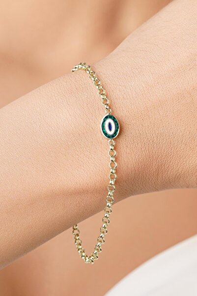 Fiyonk Kuyumculuk 14 Ayar Altın Doch Zincirde Yeşil Mineli Nazarlık Bileklik