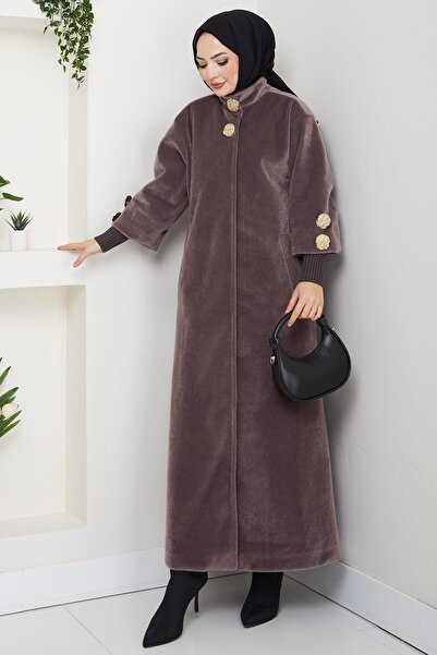 hafsamina Gold Buttoned Full Length Coat Mink Hm2864