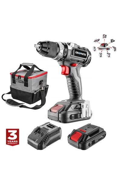 Graphite Energy Mașină de găurit/șurubelniță cu 2 baterii de 2 Ah, Li-ion de 18 V, fără perii, mandrină de 2-13 mm -
