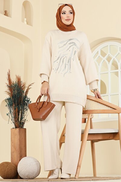 ModaMerve Stone Embroidered Knitwear Set 1106Mt581-Ms Stone