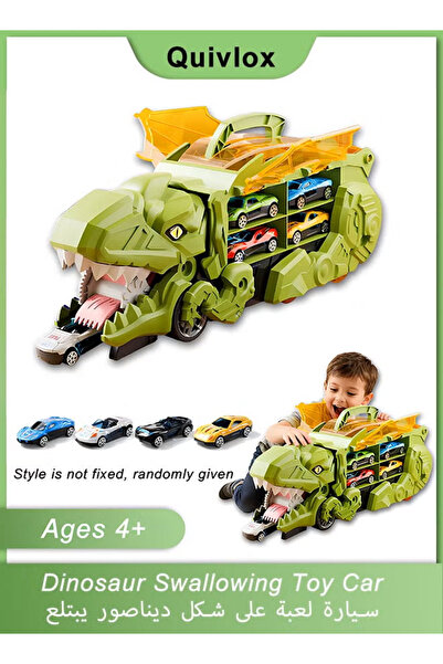 Generic Dinosaur Swallowing Toy Car Set,Slide Track Alloy Educational Toy Car Racing Car Storage Toy,Green