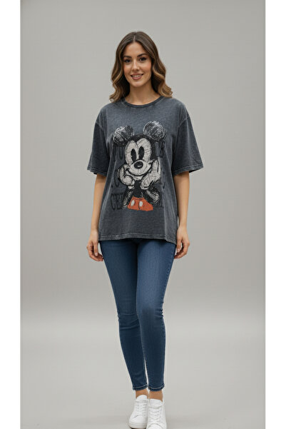 Sibel Günay Butik Tricou pentru femei, antracit, vintage Mickey cu imprimeu s...