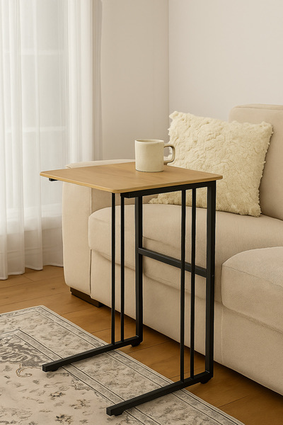 PLASMOB 30x50cm C Sehpa Ceviz-Siyah – Metal Ayaklı, MDF Üst Tablalı, Modern Y...