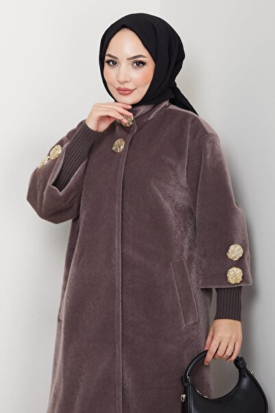 hafsamina Gold Buttoned Full Length Coat Mink Hm2864