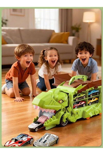 Generic Dinosaur Swallowing Toy Car Set,Slide Track Alloy Educational Toy Car Racing Car Storage Toy,Green