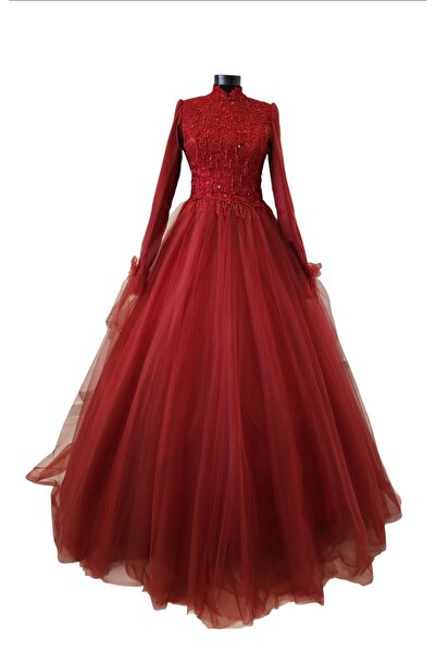 gönül moda Bordo A-Line Tesettür Abiye Nişanlık