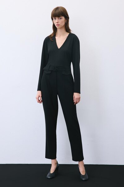 rue Black Trousers with Belted Wool Texture and Stitching Detail