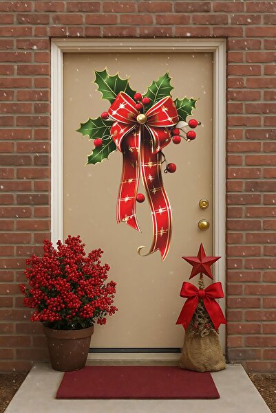 Aysha Tasarım زينة باب السنة الجديدة - إكليل عيد الميلاد - ملصق باب أحمر مع ش...