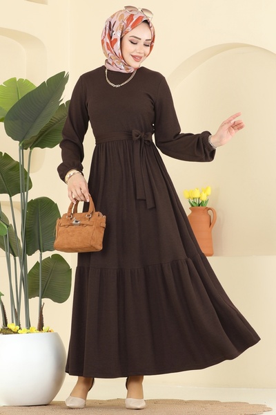 ModaMerve Eteği Katlı Kuşaklı Elbise 4120PM271-MS Kahve