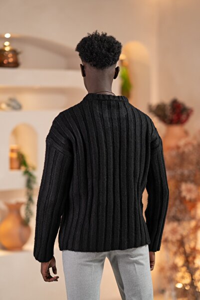 AKÇAYLAR Oversized Self-Striped Cotton Thick Knitwear Sports Sweater