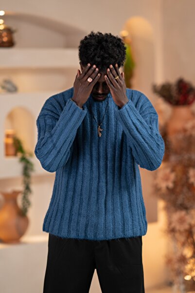 AKÇAYLAR Oversized Self-Striped Cotton Thick Knitwear Sports Sweater