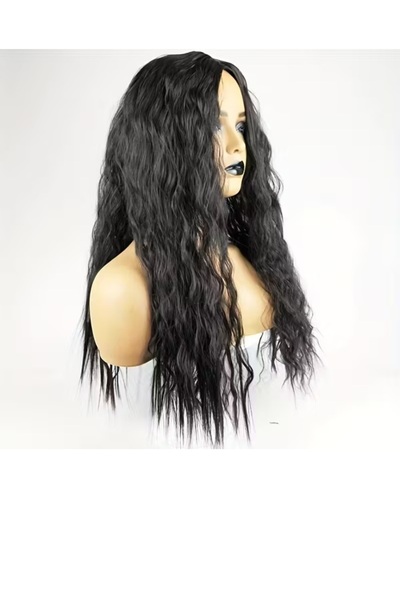 animis beauty Perucă neagră deschisă, lungă, creță, fără breton, fibră sintetică cu aspect, 60 cm