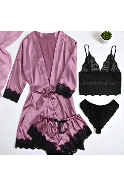 Inovius Γυναικείο σετ πιτζάμας 4 τεμαχίων από σατέν, μωβ χρώμα-ANI119 Μέγεθος L