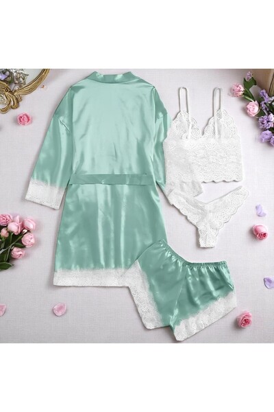 Inovius Γυναικείο σετ πιτζάμας 4 τεμαχίων από σατέν, χρώμα τυρκουάζ - ANI115 ...